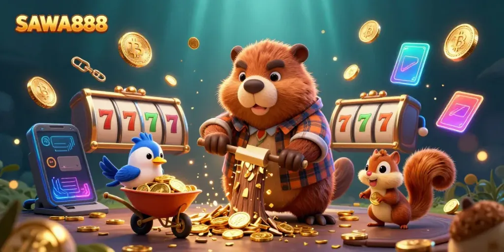 Experience the excitement of SAWA888 with animated characters featuring slot reels and golden coins.