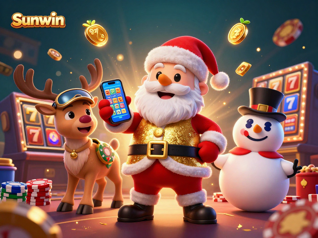 Engage in thrilling jackpots with Sunwin's festive 3D casino scene full of whimsical characters and dynamic elements.