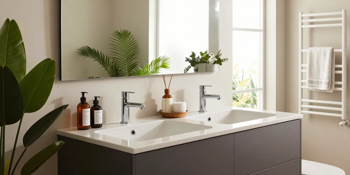Moderne badmeubel in een stijlvolle badkamer met dubbele wastafels en elegante decoratie.