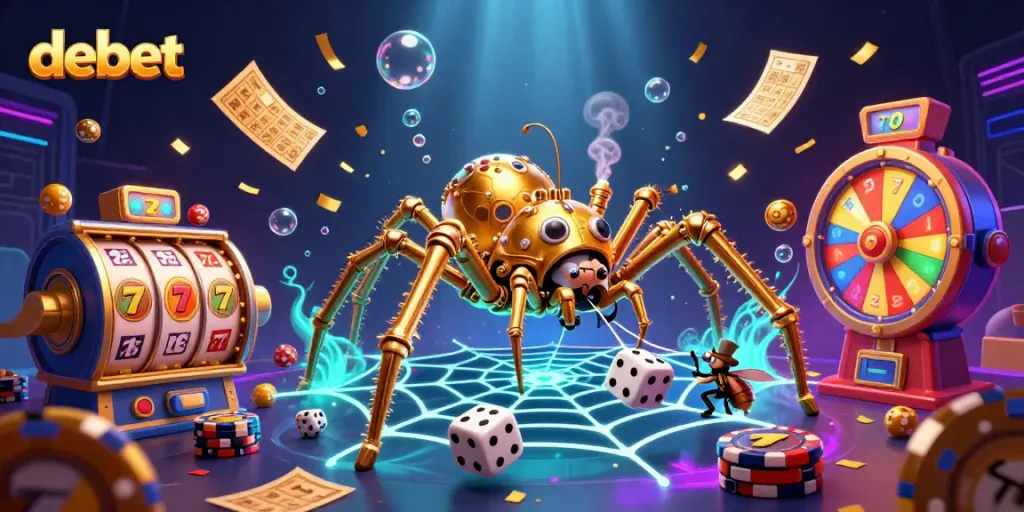 Engage with the vibrant gaming world at debet, showcasing a whimsical steampunk spider scene.