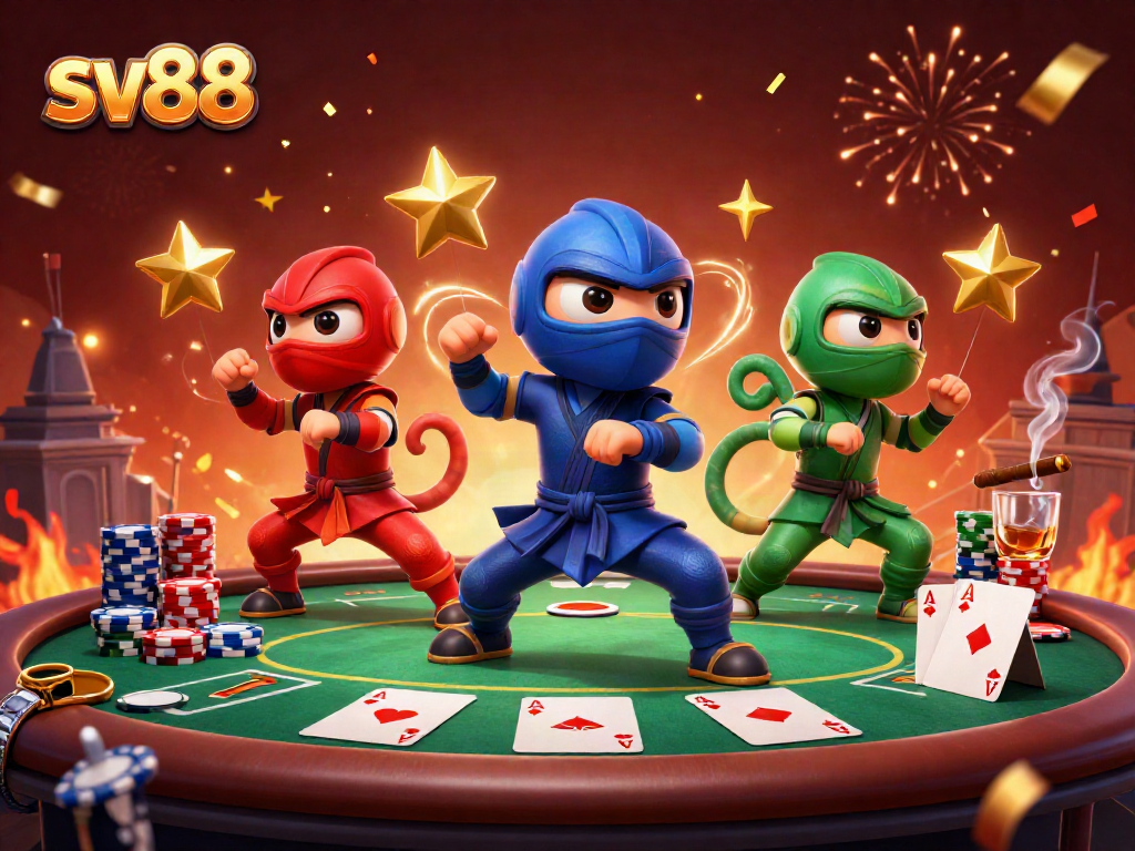 Engaging scene of sv88's animated ninja chameleons showcasing poker skills amidst vibrant casino atmosphere