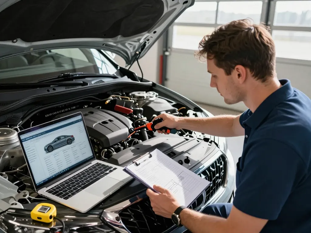 Kfz Sachverständiger Bonn inspiziert ein Fahrzeug mit professionellen Werkzeugen und digitalem Bericht in einer gut beleuchteten Garage.