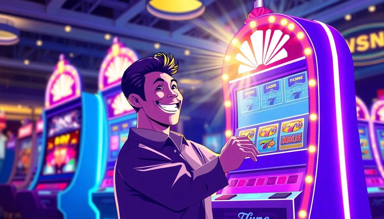 Spieler gewinnt aufregenden Online Casino Bonus mit leuchtenden Spielautomaten im Hintergrund.