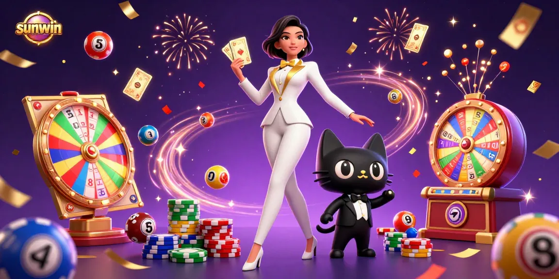 Engaging the sunwin gaming community with a lively casino illustration showcasing vibrant lottery and gambling elements.