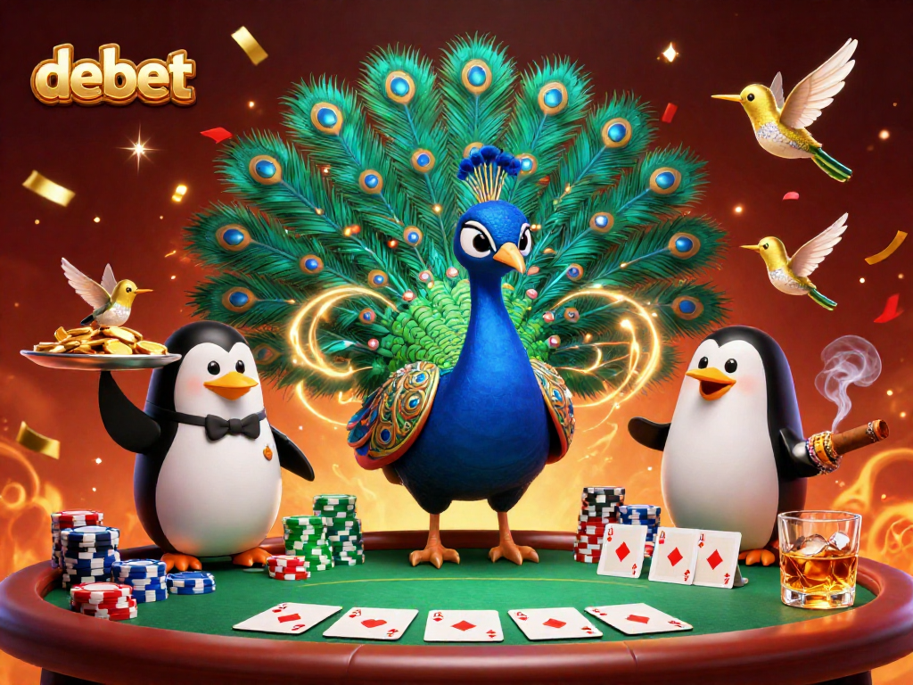 Experience the thrill at debet with a vibrant casino scene featuring a peacock, butler, and hummingbird.