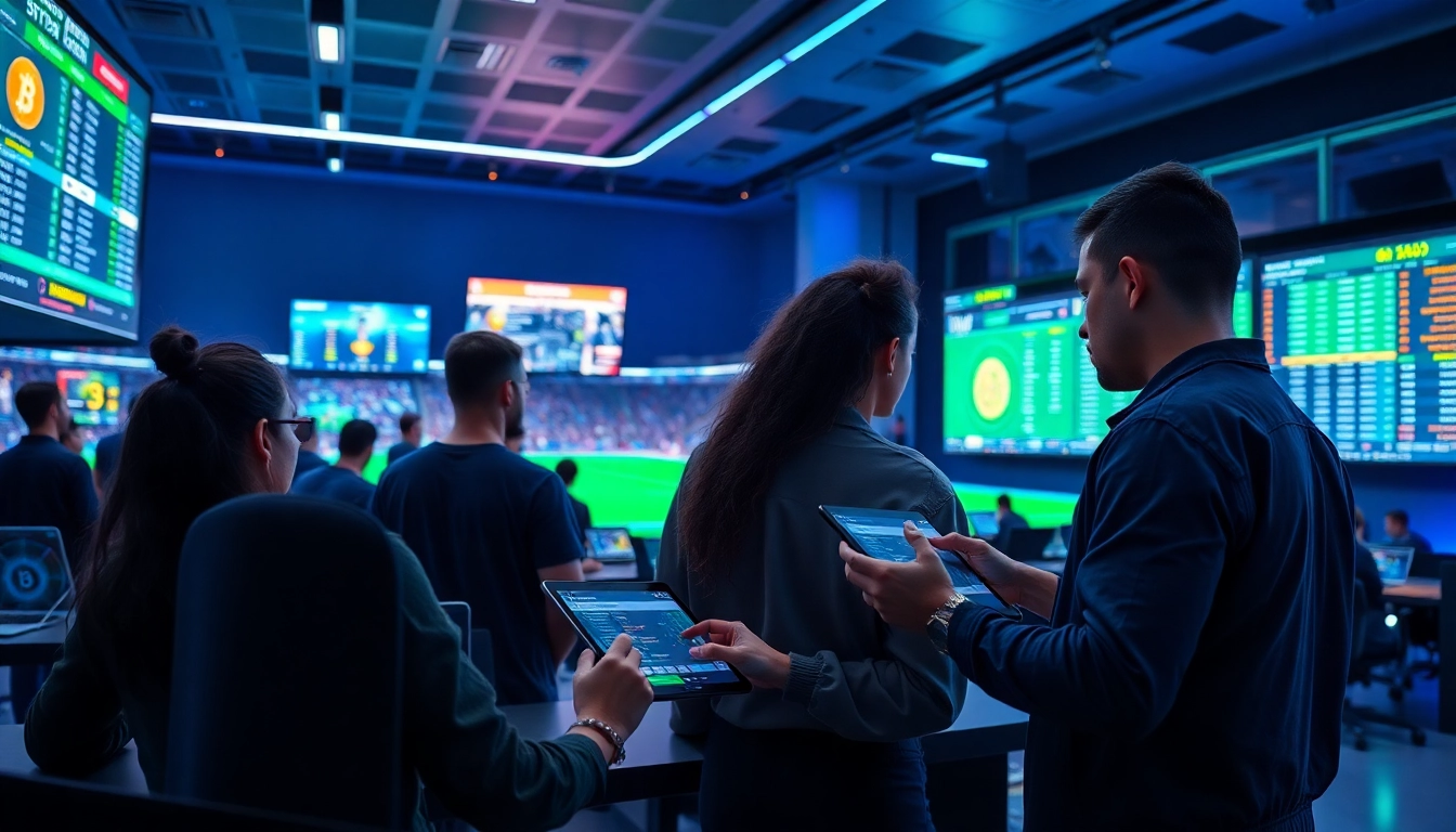 Experience the excitement of sports betting with crypto through an engaging scene of bettors analyzing games and statistics.