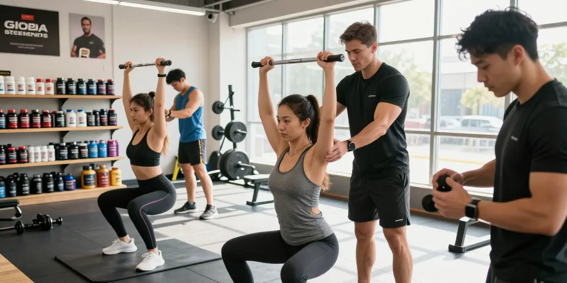 Aktive Fitnessszene mit Global Pharma Steroids Produkten im Hintergrund, motivierte Sportler im modernen Fitnessstudio.