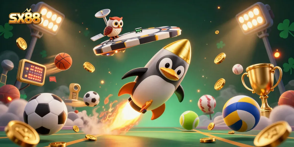 Sx88 reveals a thrilling rocket-powered penguin soaring towards a casino station amid vibrant sports balls and golden prizes.