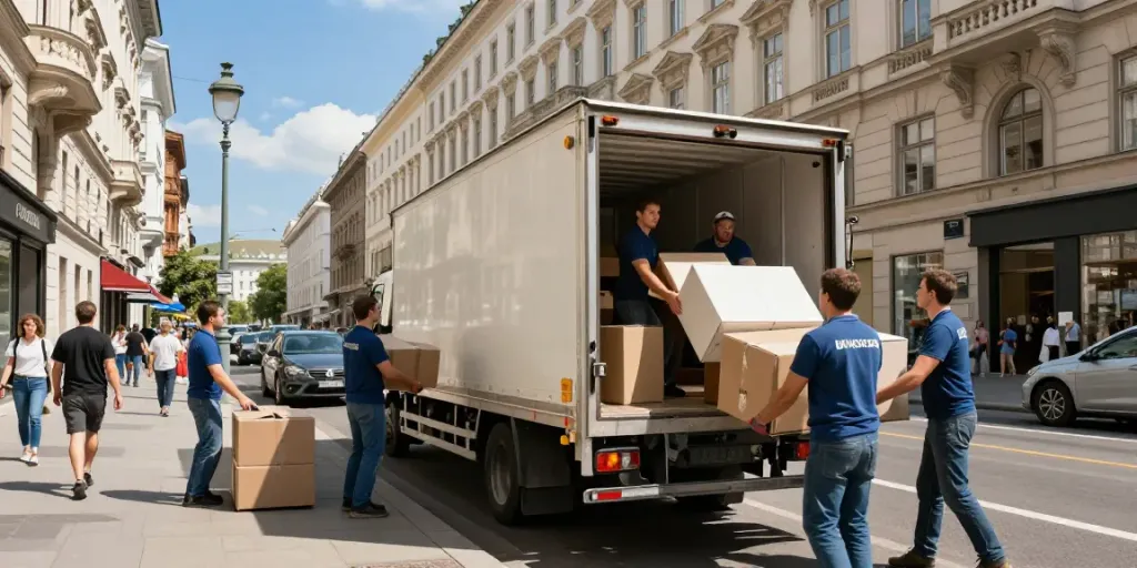 Professionelles Team bei kurzfristiger Räumung in Wien, Möbel werden in Lkw geladen.