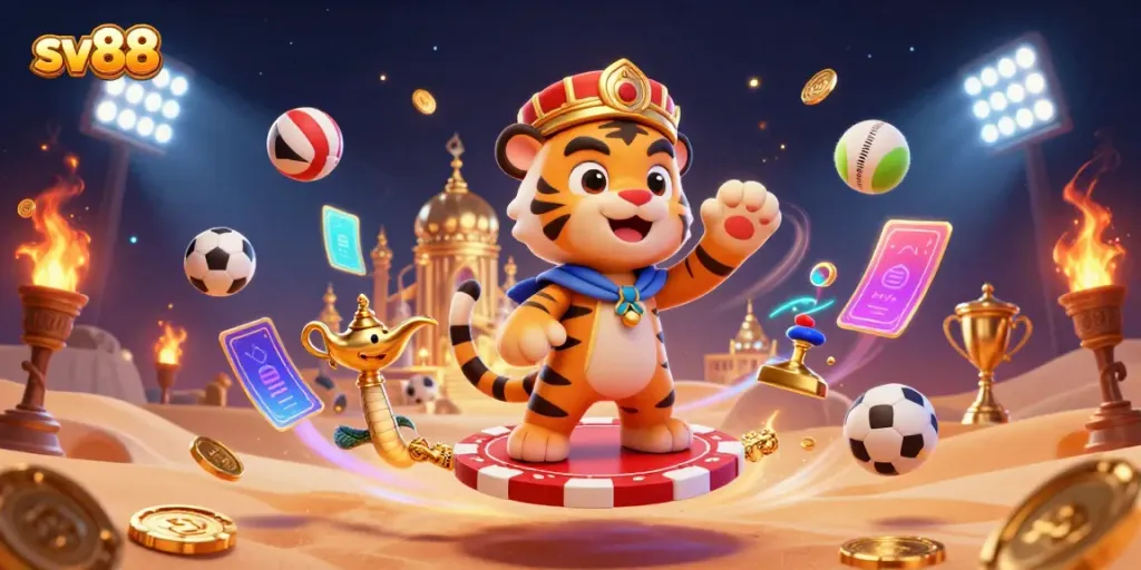 Experience thrilling wins at sv88 with our vibrant 3D casino adventure illustration featuring dynamic sports elements.