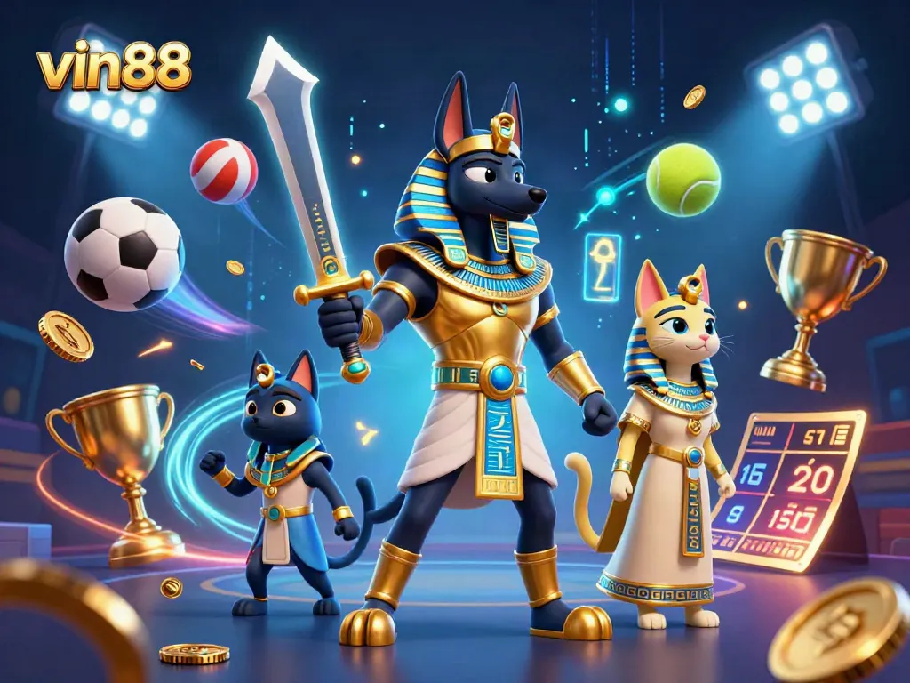 vin88 players winning big with a dynamic scene featuring ancient warrior and priestess amidst dazzling sports elements