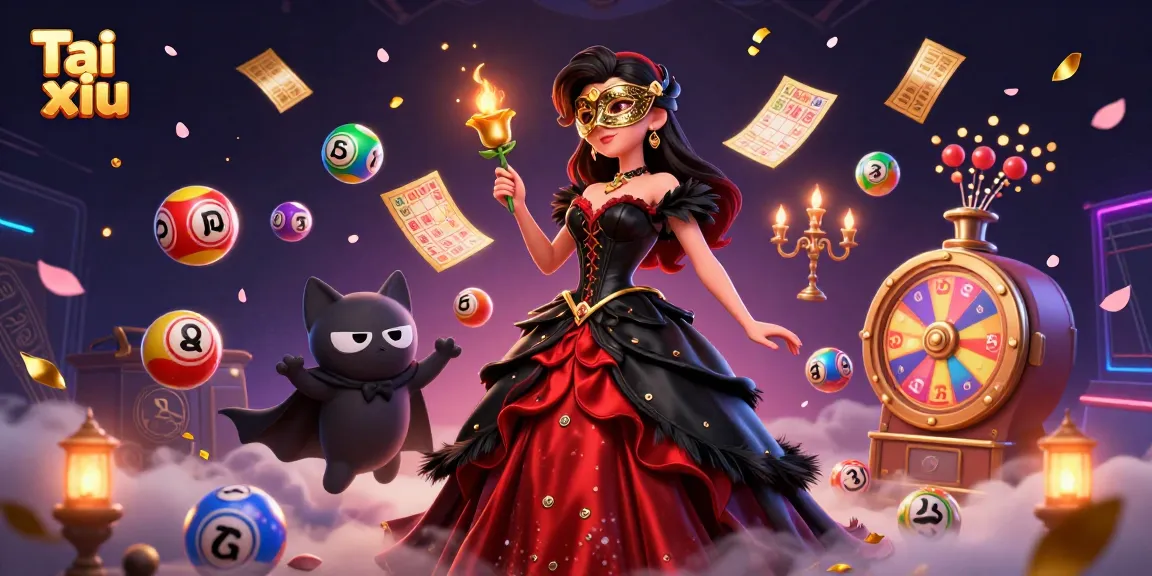 Experience Tai xiu with vibrant illustrations of a dramatic lady, colorful elements, and a mystical atmosphere.