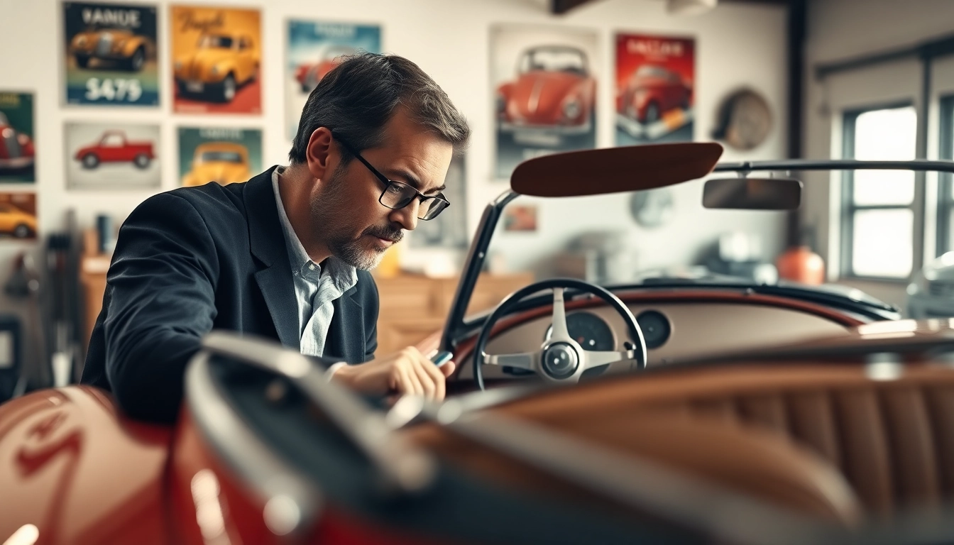 Oldtimer Gutachten von einem Experten in einer Garage, der das Fahrzeug bewertet.