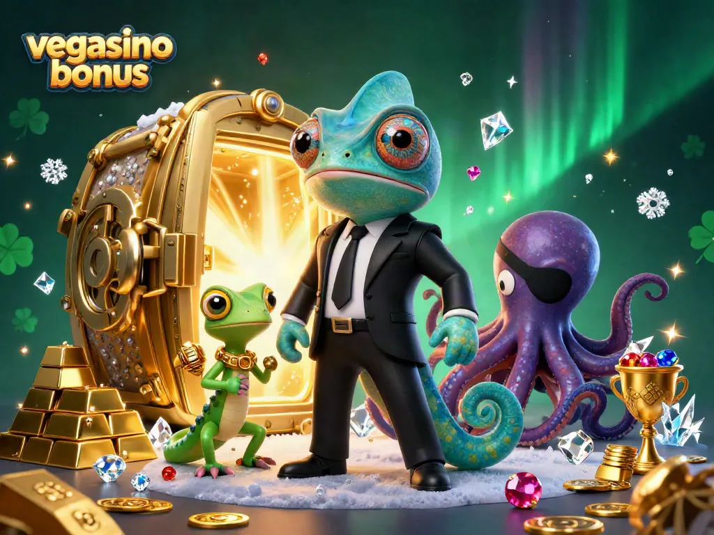 Experience the vegasino bonus in an exciting 3D casino scene featuring vibrant characters and treasures.
