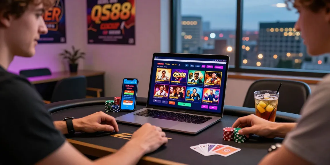 Engaging player exploring the QS88 online gaming platform with cards and chips on the desk.