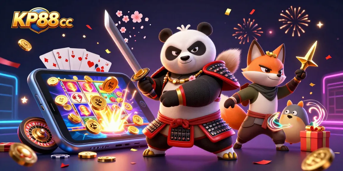 Engage in thrilling adventures with KP88 cc featuring samurai panda, ninja fox, and tanuki in a vibrant casino scene.