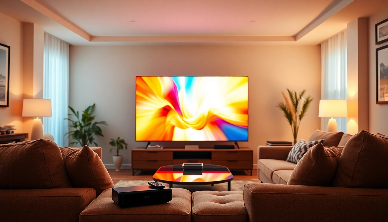 Iptv Anbieter in modern living room with vibrant TV display and inviting atmosphere.