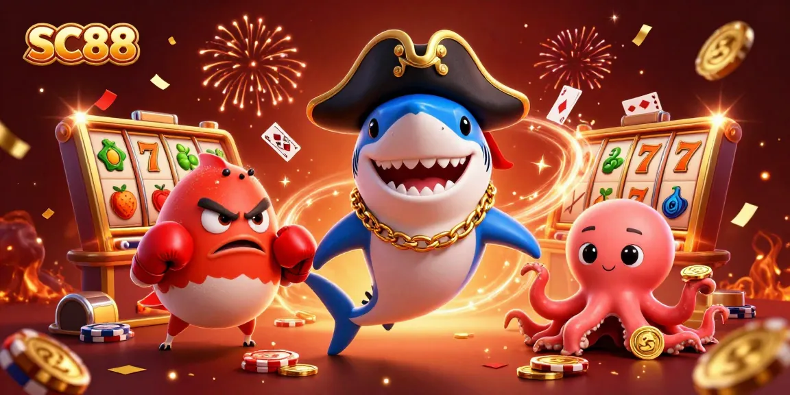 Experience excitement at SC88 with a dynamic 3D casino scene featuring a pirate shark and friends.