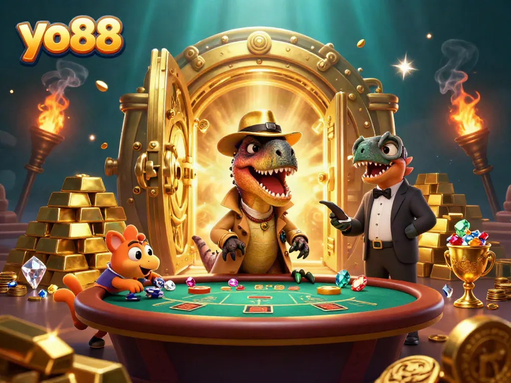 Join the action at yo88 where a cartoon velociraptor stealthily counts cards at a blackjack table