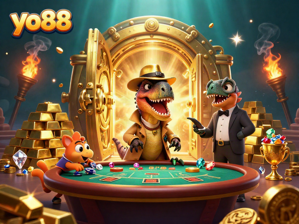 Join the action at yo88 where a cartoon velociraptor stealthily counts cards at a blackjack table