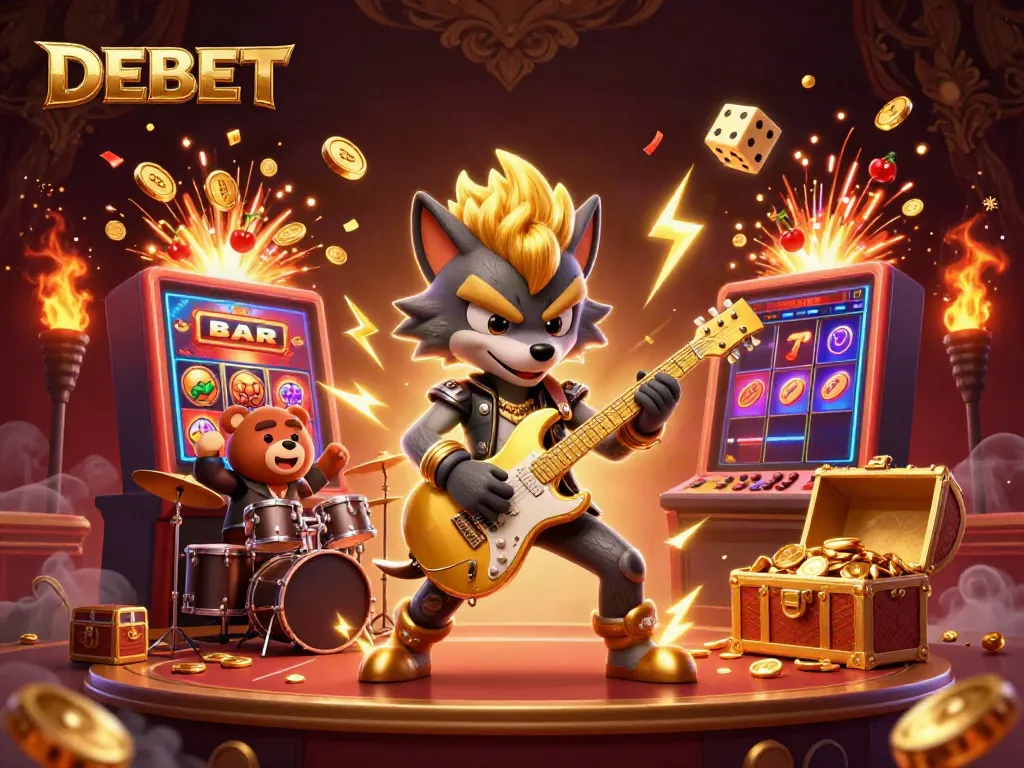 Experience a dynamic casino performance with DEBET’s rock star wolf shredding guitar amidst slot machine jackpots.