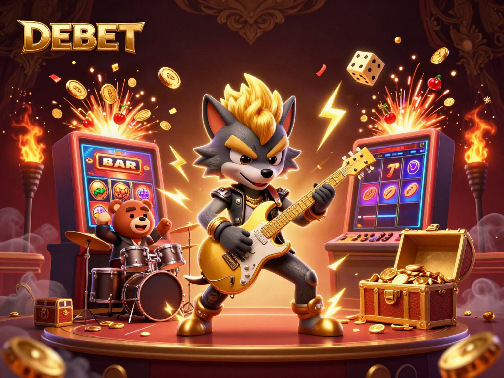 Experience a dynamic casino performance with DEBET’s rock star wolf shredding guitar amidst slot machine jackpots.