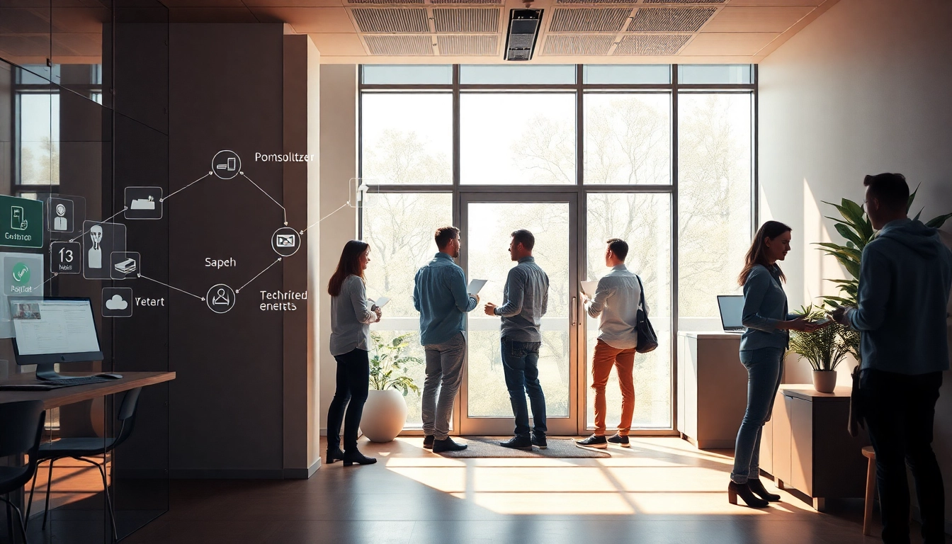 Prozessoptimierung in einem modernen Büro, visualisiert durch Menschen, Technik und effiziente Arbeitsabläufe.