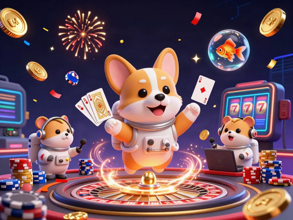 Spin to win at UK88 with a floating astronaut corgi and sparkling treasures in a zero-gravity casino scene.