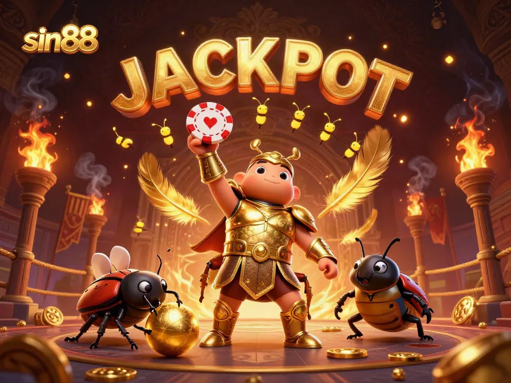 Engage with the excitement at sin88 as the victorious beetle lifts a poker chip in a grand casino setting.