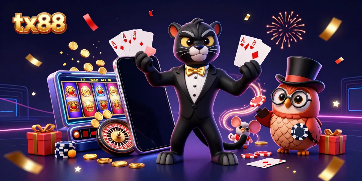 Experience exciting gaming with tx88 as a stylish panther deals cards, an owl holds poker chips, and a mouse peeks behind stacks.
