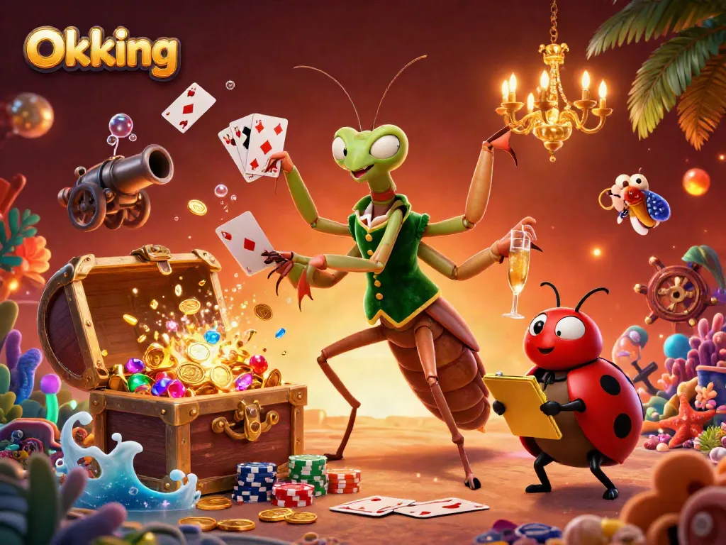 Okking showcases a vibrant scene with a giant mantis card sharp and ladybug pit boss in a lively casino atmosphere, featuring dynamic game elements.