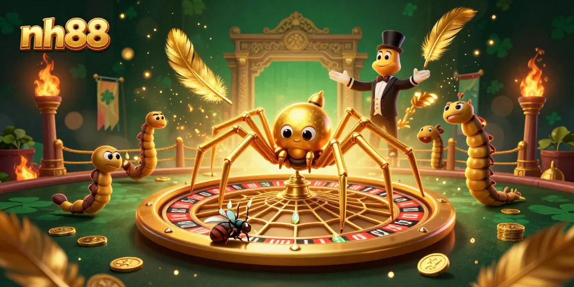 Experience thrilling bets at nh88 with a golden spider spinning roulette-inspired webs in a vibrant 3D casino scene.
