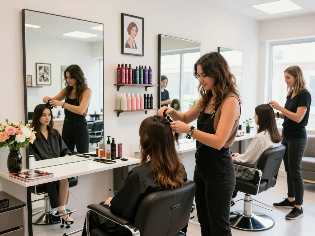 Cabeleireiro perto de mim em um salão moderno com um estilista fazendo um corte de cabelo.