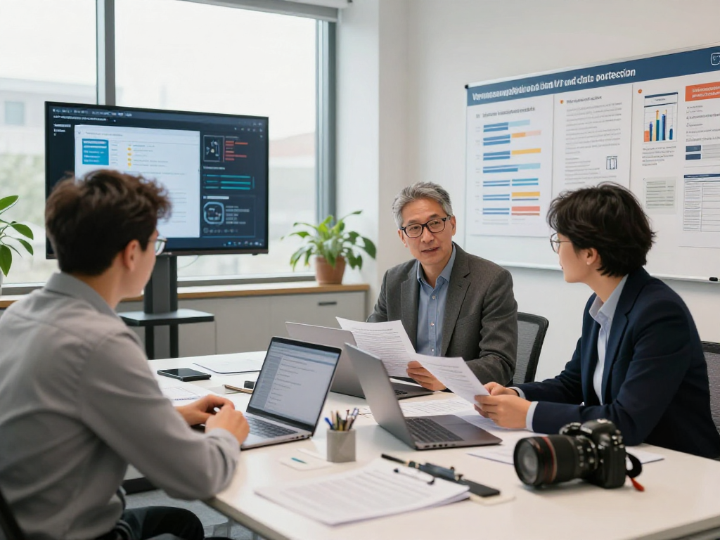 Consultants discussing data protection strategies for Vermessungsbüros und ÖbVI in a modern office setting.