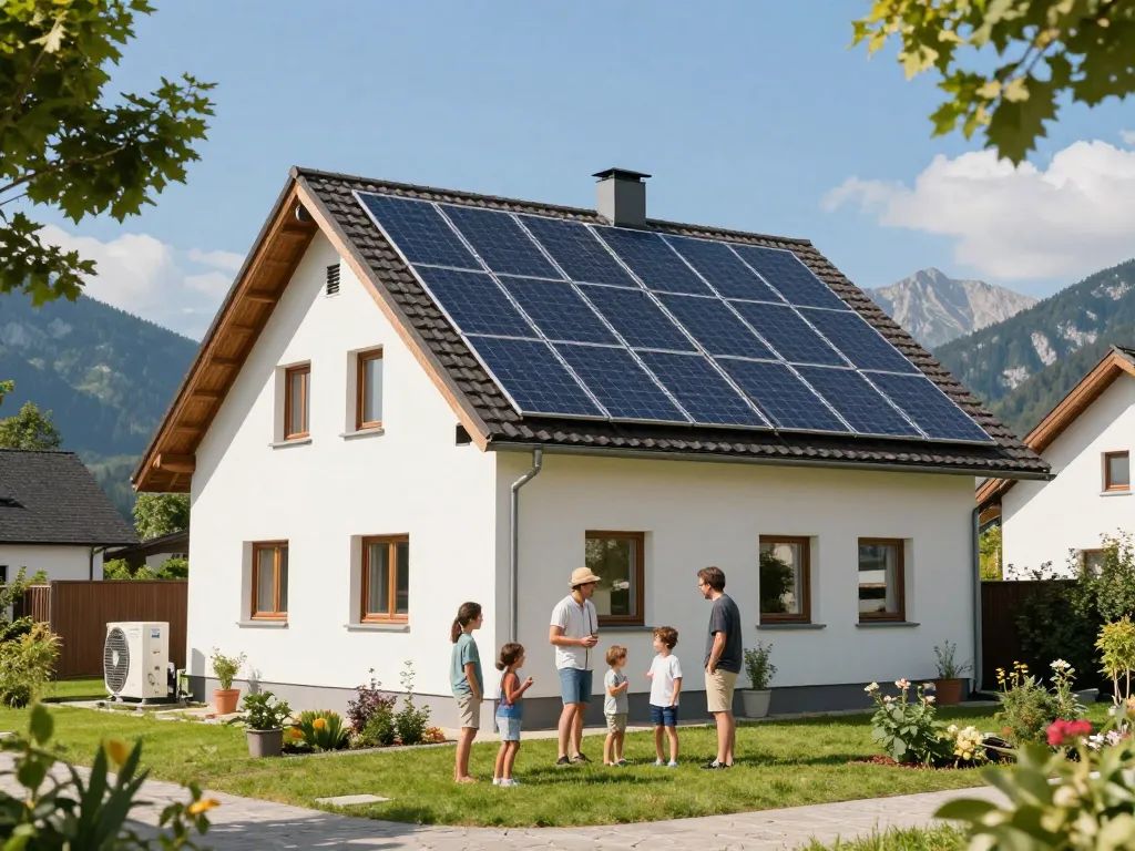 Photovoltaik Bayern - Familie diskutiert die Vorteile von Solarenergie vor ihrem modernen bayerischen Zuhause mit Solarpanelen.