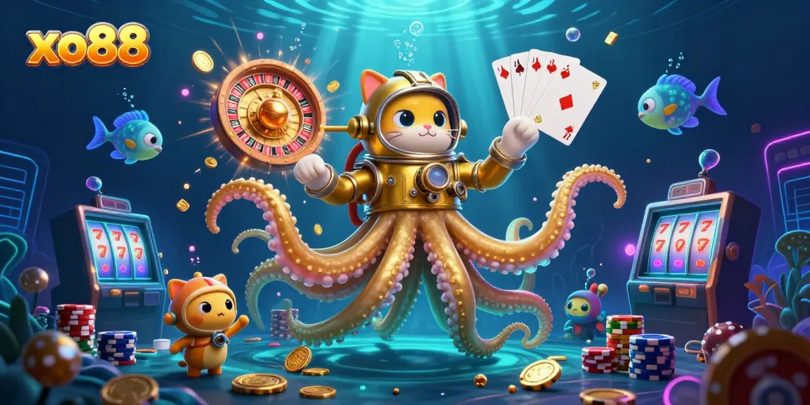 Experience thrilling casino adventures with xo88's vibrant 3D kraken and diving cat illustration.