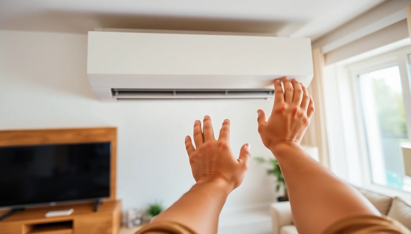 Technician carefully Klima installieren a new split air conditioning unit in a stylish living room.