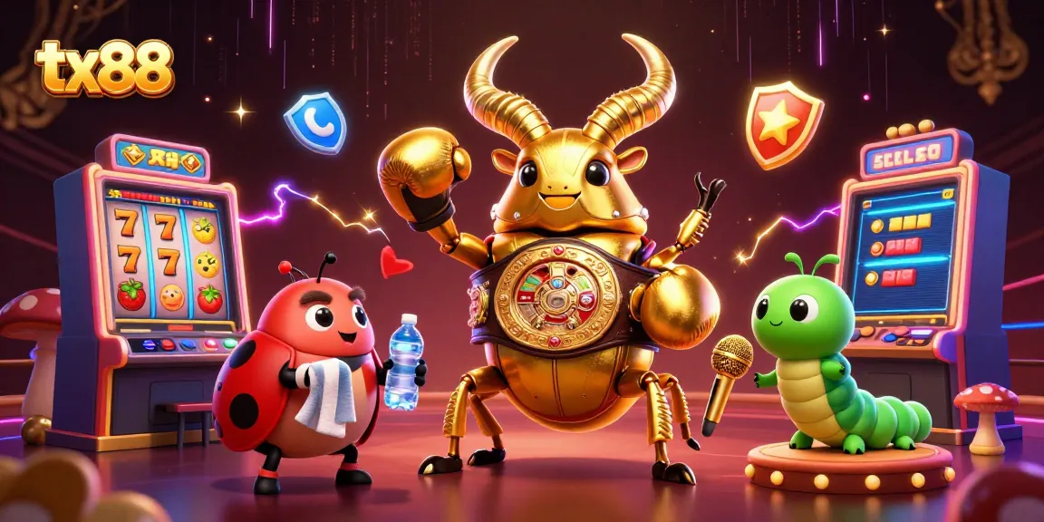 tx88's vibrant scene with a golden stag beetle boxing champion surrounded by slot machines and colorful gaming elements