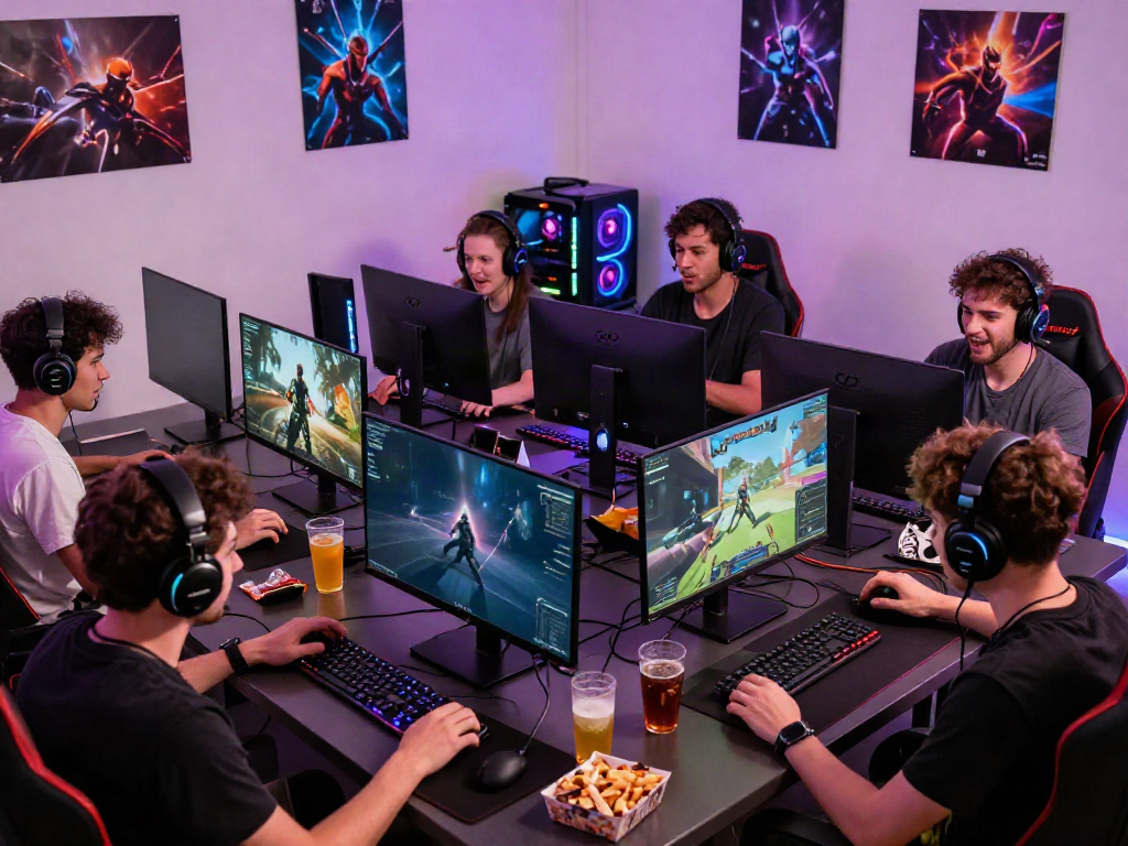 Xo88 gamers enjoying a lively multiplayer session in a modern gaming setup.