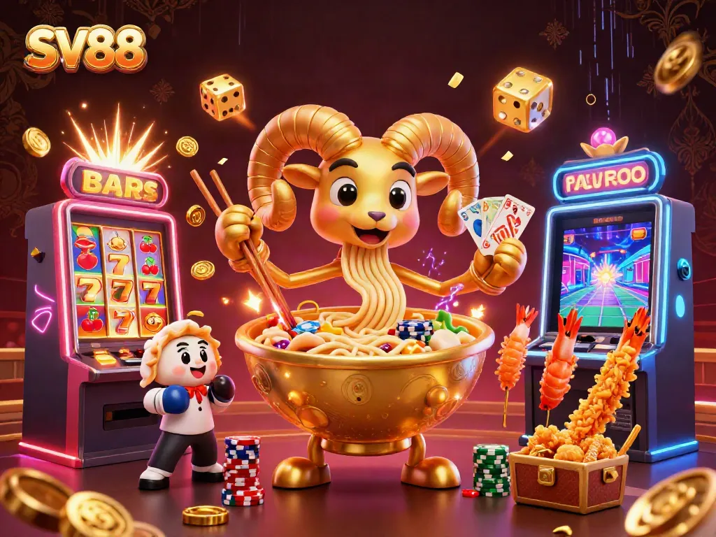 Join the excitement with SV88's dynamic casino game scene featuring unique cartoon characters.