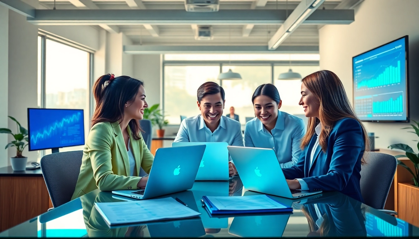 Online Marketing team brainstorming strategies in a modern office environment.