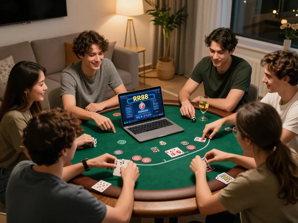 Friends enjoying an exciting poker game on RR88, captured in a cozy home setting with snacks and drinks.
