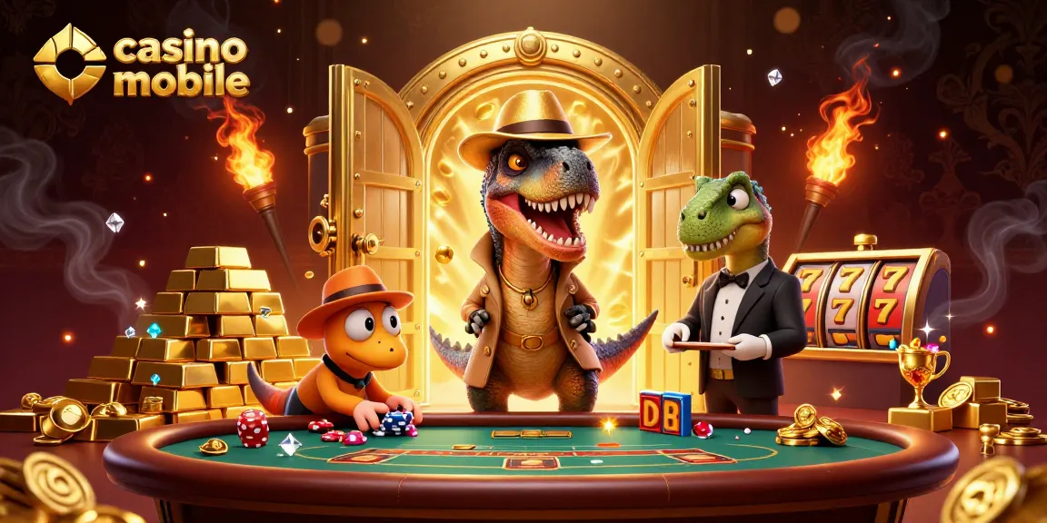 Casino mobile themed illustration featuring a velociraptor at a blackjack table with gold treasures