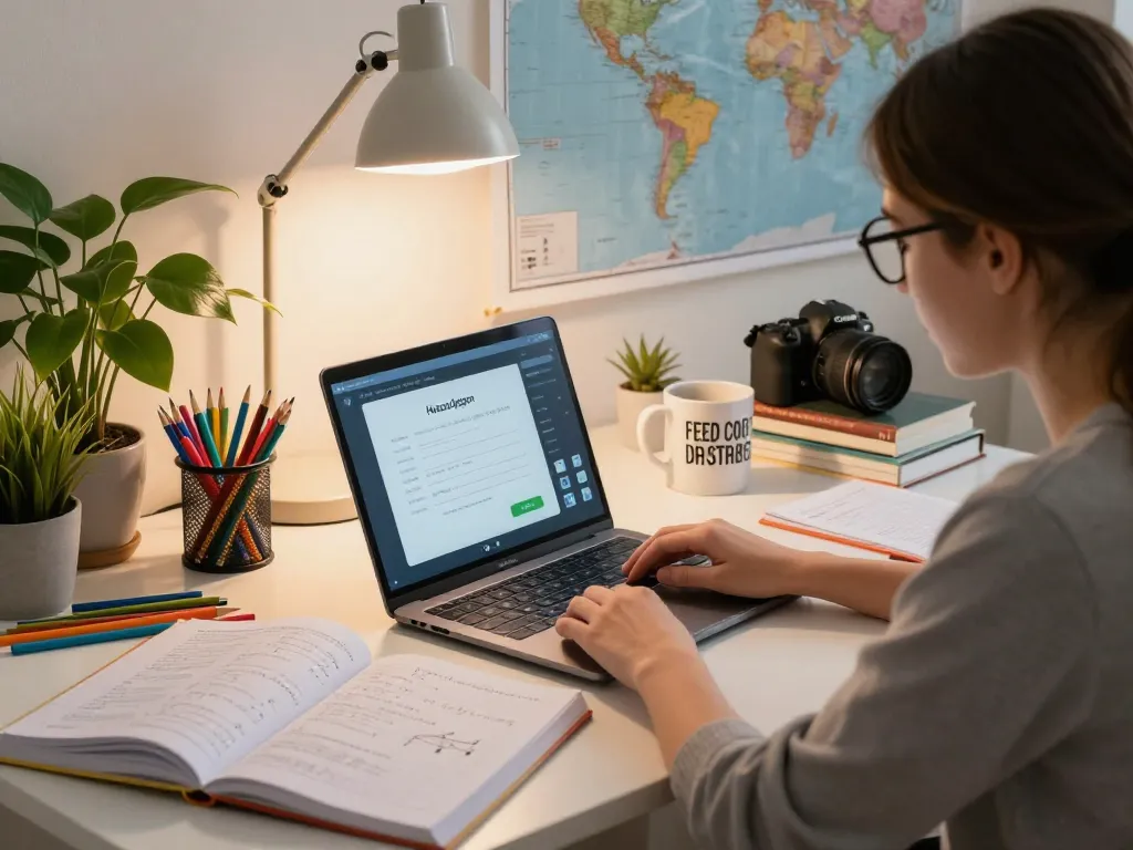 Student verwendet die Hausaufgaben Scanner-App in einer gemütlichen Studierumgebung mit Büchern und Notizheften.