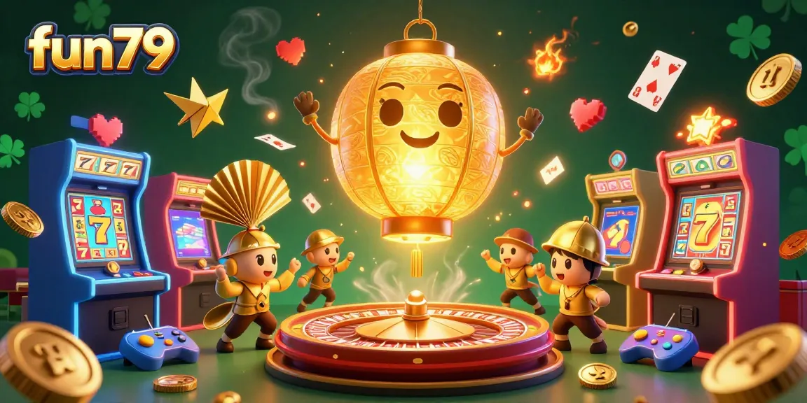 Experience the thrill of fun79 at a vibrant casino with golden lanterns and game excitement.
