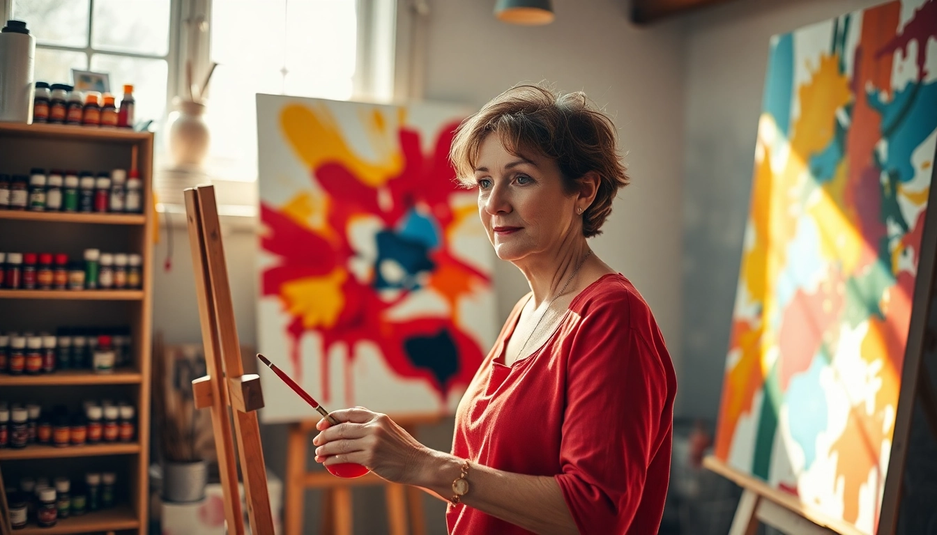Painting of an artist creating a vibrant artwork in a sunlit studio filled with colorful canvases.