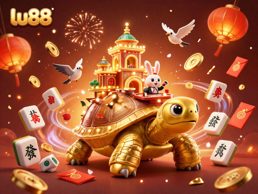 Experience thrilling games at lu88 with a vibrant scene featuring a golden tortoise casino and lucky charms.