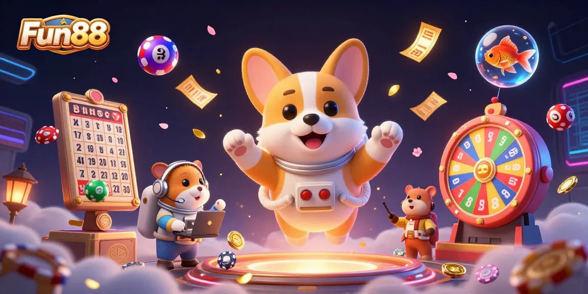 Engage with Fun88's exciting lottery experience in a vibrant, animated casino scene.