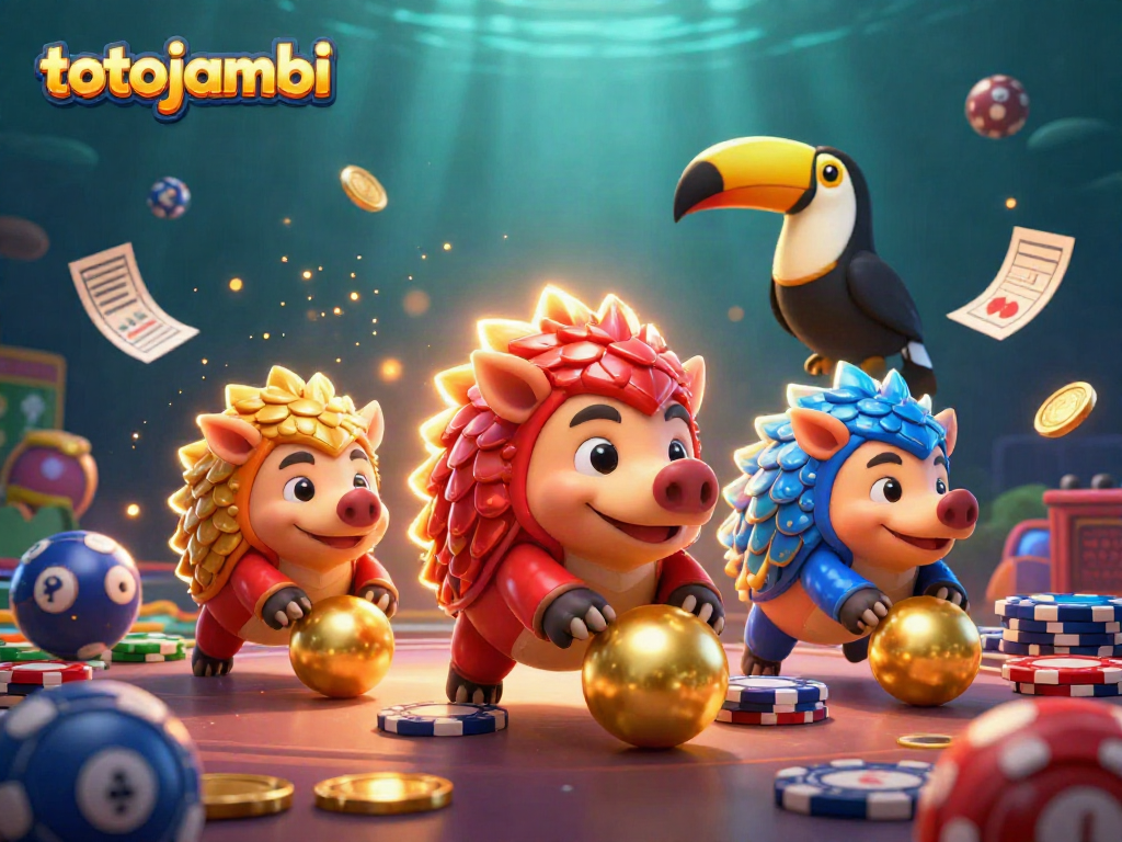 Experience thrilling gaming with totojambi as rival pangolins roll golden balls amidst vibrant casino elements.
