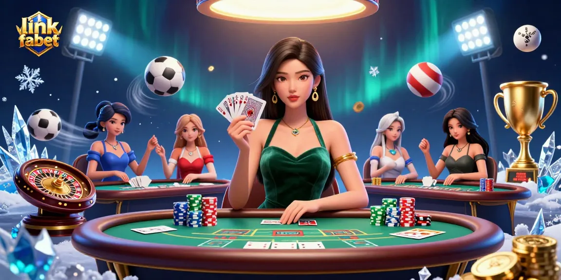 Engage in thrilling gameplay at link fabet with beautiful Asian woman at a luxury poker table.